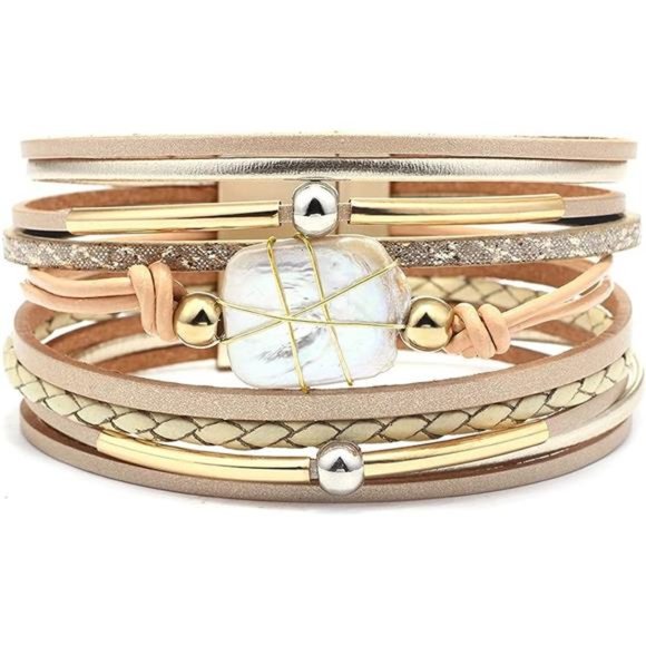 Bracelet for Women, Boho Leather Wrap Multi-Layer Pearl Crystal Bracelet Bangle - Picture 3 of 5